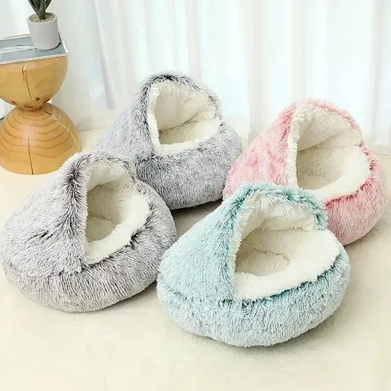 2 in 1 Winter Soft Plush Pet Bed with Cover round Cat Bed Pet Mattress Warm Cat Dog Sleeping Nest Cave for Small Dogs Kitten
