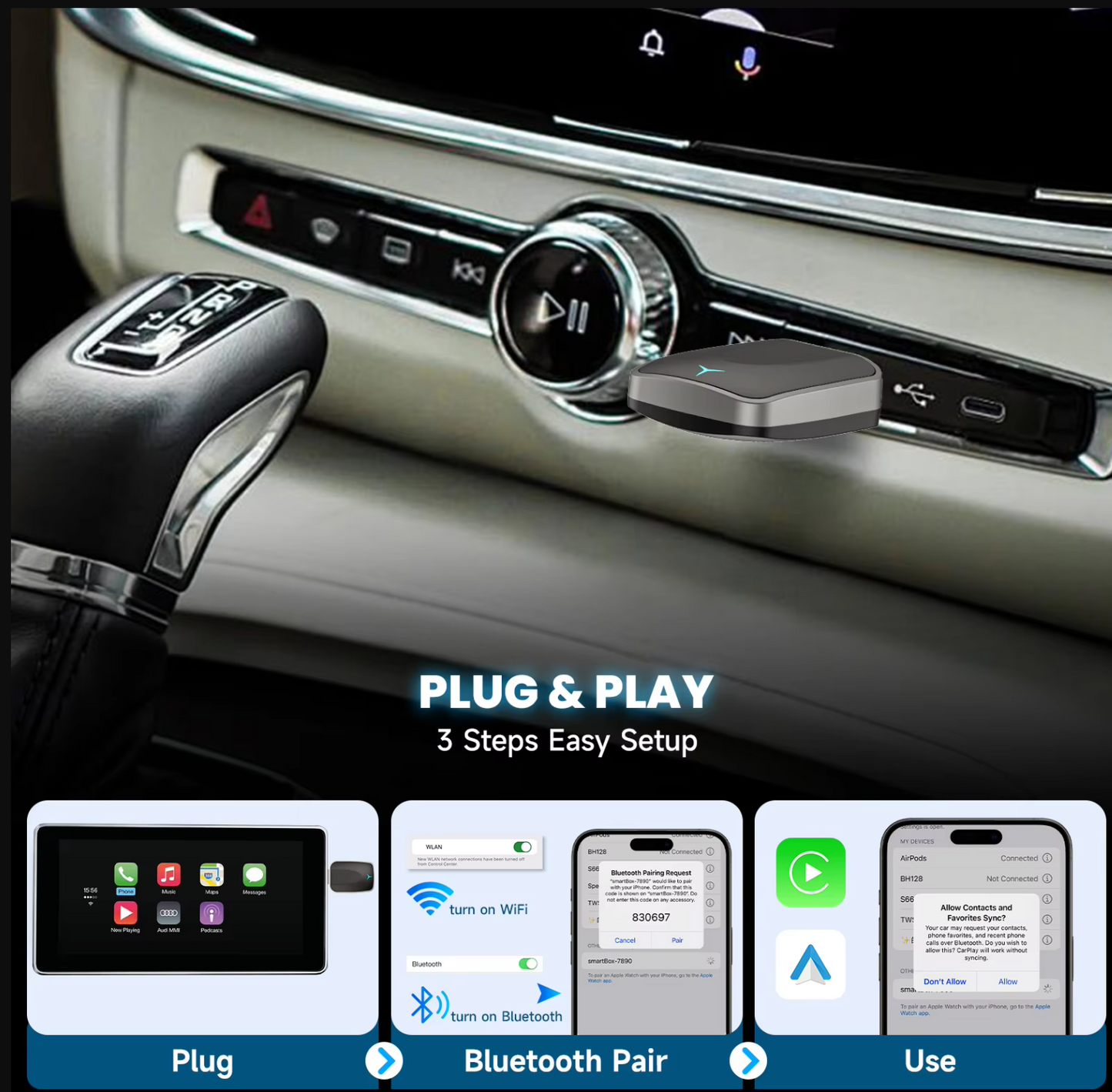 Wireless CarPlay & Android Auto Adapter – Plug & Play Bluetooth Car Dongle