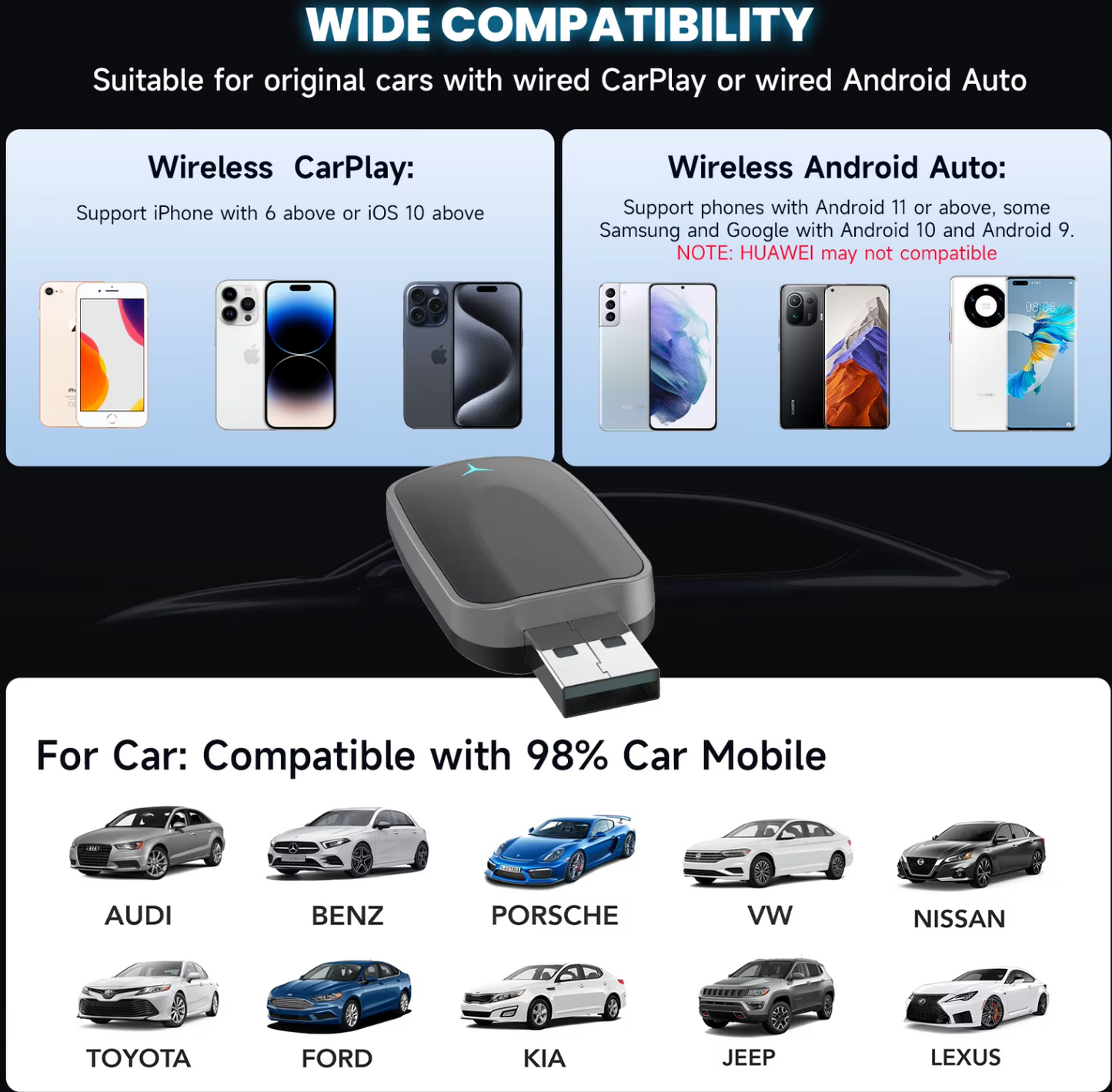 Wireless CarPlay & Android Auto Adapter – Plug & Play Bluetooth Car Dongle