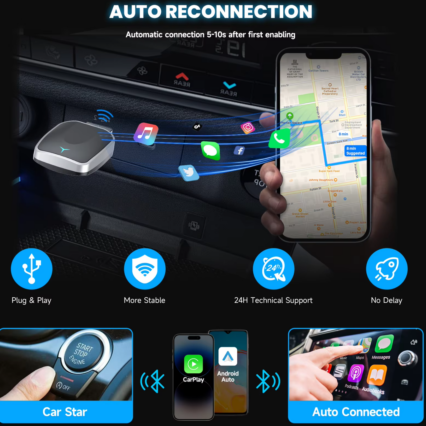 Wireless CarPlay & Android Auto Adapter – Plug & Play Bluetooth Car Dongle