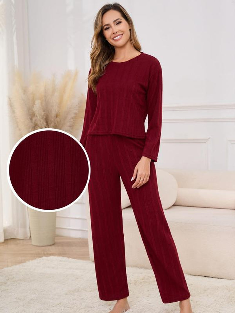 Women'S Solid Ribbed Long Sleeve Top & Pants Pajamas Set, Casual Comfy Soft round Neck Top & Trousers Set for Daily Wear, Ladies Sleepwear for All Seasons