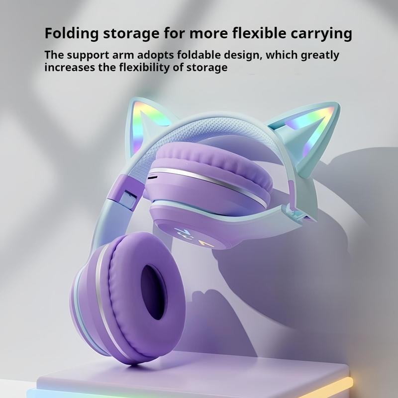 Wireless Headphones, Cat Ear Design Headphones with Built-In Microphone, Foldable Bluetooth-Compatible Headset for Mobile Phone, Valentine'S Day Gift, Mother'S Day Gift