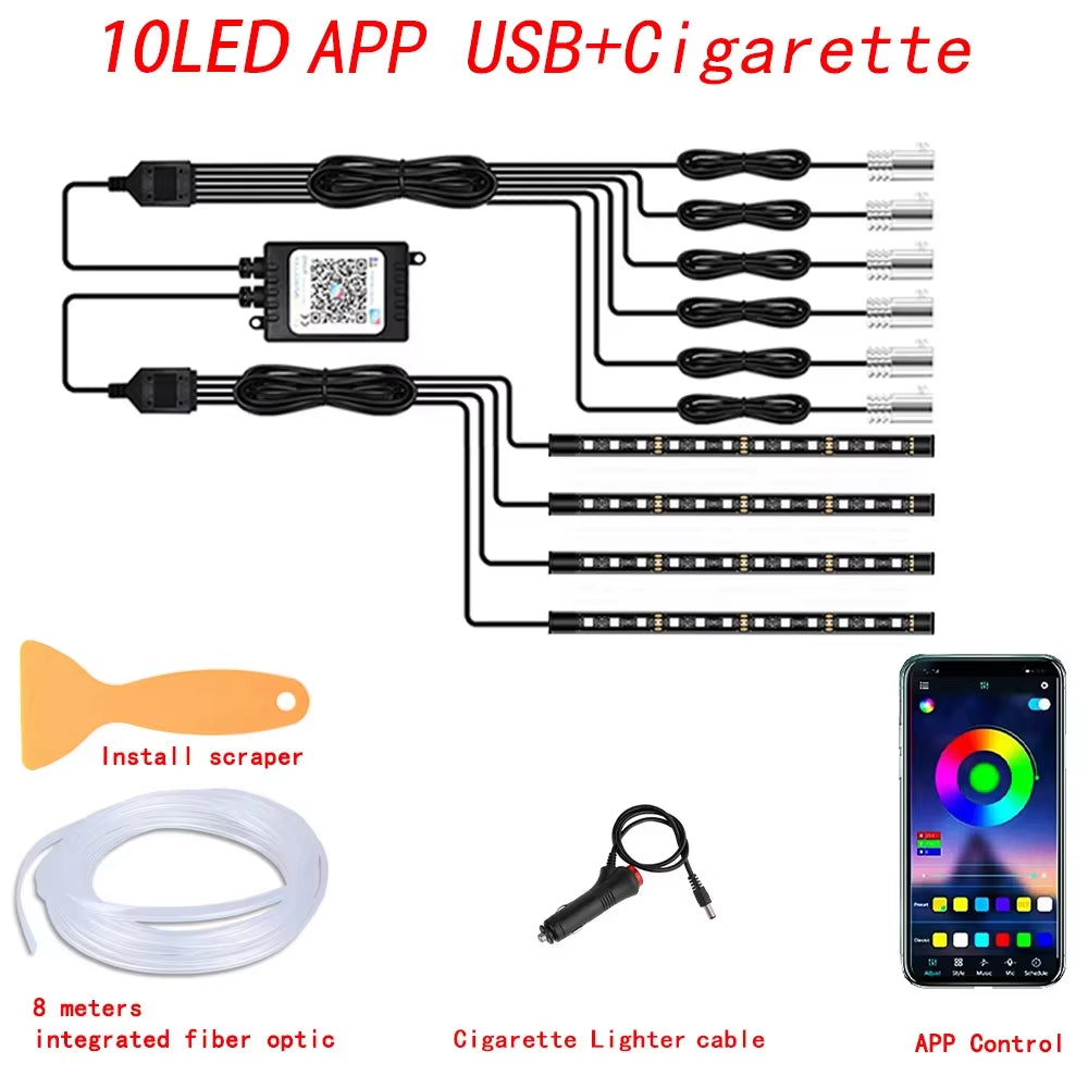 Neon Car LED Interior Ambient Lights 315 Inch Fiber Optic RGB Strip USB APP Remote Sound Control Auto Atmosphere Decorative Lamp