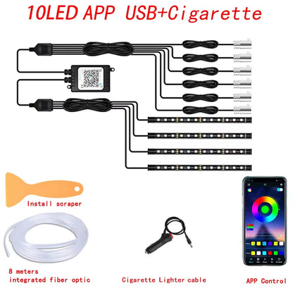 Neon Car LED Interior Ambient Lights 315 Inch Fiber Optic RGB Strip USB APP Remote Sound Control Auto Atmosphere Decorative Lamp