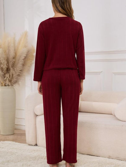 Women'S Solid Ribbed Long Sleeve Top & Pants Pajamas Set, Casual Comfy Soft round Neck Top & Trousers Set for Daily Wear, Ladies Sleepwear for All Seasons