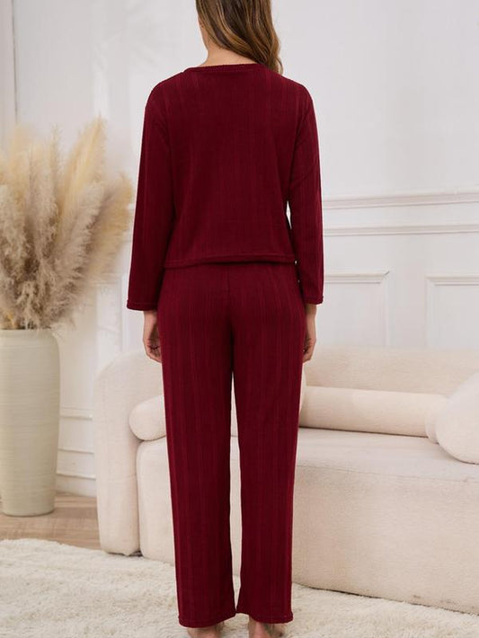 Women'S Solid Ribbed Long Sleeve Top & Pants Pajamas Set, Casual Comfy Soft round Neck Top & Trousers Set for Daily Wear, Ladies Sleepwear for All Seasons