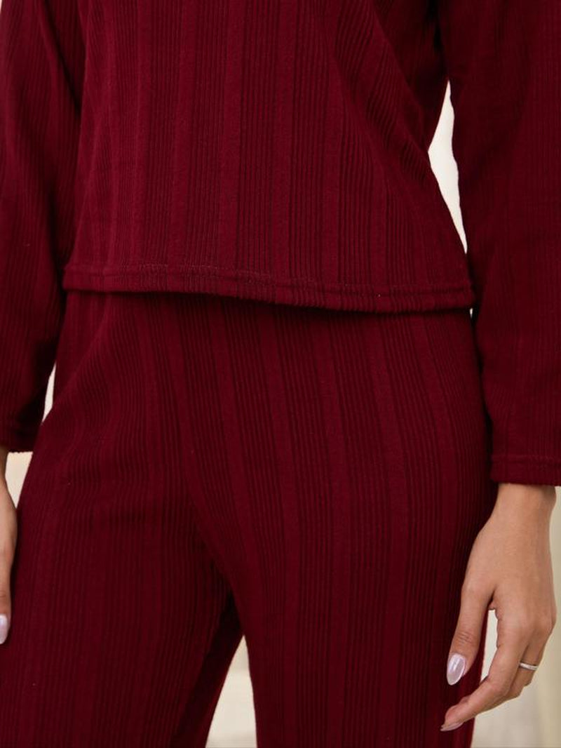 Women'S Solid Ribbed Long Sleeve Top & Pants Pajamas Set, Casual Comfy Soft round Neck Top & Trousers Set for Daily Wear, Ladies Sleepwear for All Seasons