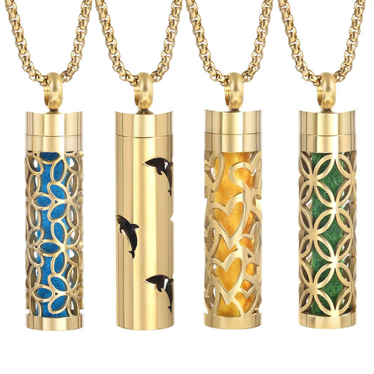 Golden Aromatherapy Necklace Diffuser Pendant Stainless Steel Locket Aroma Perfume Oils Essential Oil Diffuser Pendant Necklace