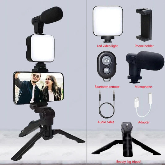 AY49 Smartphone Vlogging Kit with Tripod Phone Holder Mini Microphone LED Fill Light Starter for Tiktok Live Stream Video Youtub