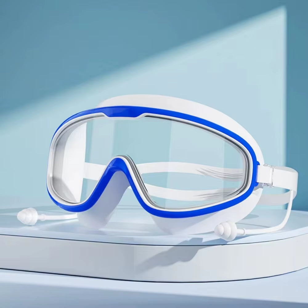 Outdoor Swim Goggles Large Frame Waterproof Anti-Fog UV Protection Glasses with Earplugs for 14 Years and Above