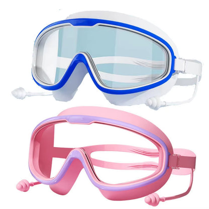 Outdoor Swim Goggles Large Frame Waterproof Anti-Fog UV Protection Glasses with Earplugs for 14 Years and Above