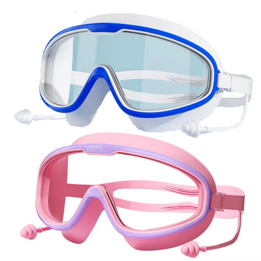 Outdoor Swim Goggles Large Frame Waterproof Anti-Fog UV Protection Glasses with Earplugs for 14 Years and Above