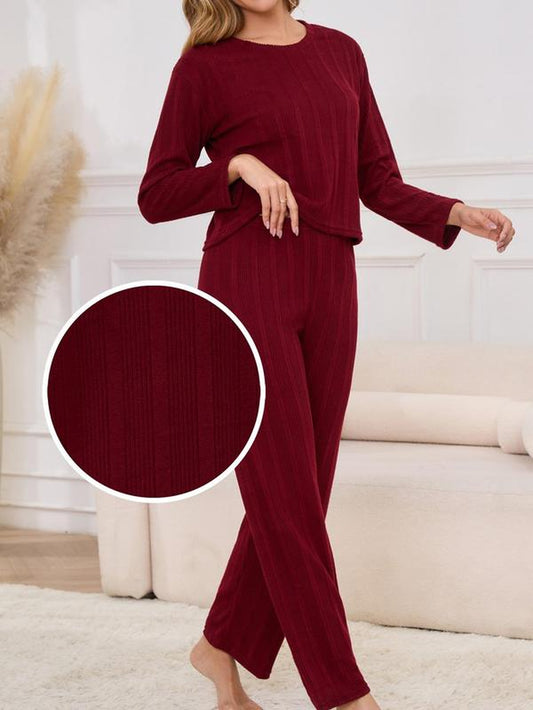 Women'S Solid Ribbed Long Sleeve Top & Pants Pajamas Set, Casual Comfy Soft round Neck Top & Trousers Set for Daily Wear, Ladies Sleepwear for All Seasons