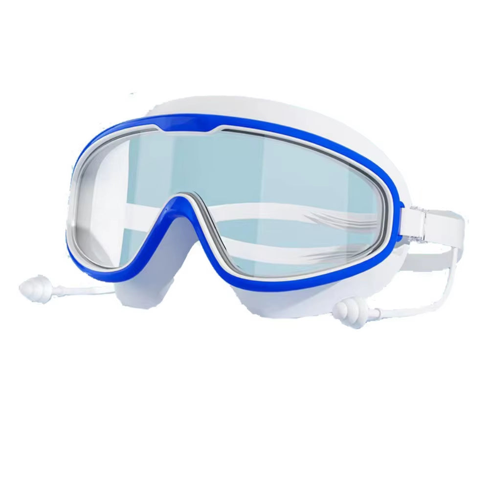 Outdoor Swim Goggles Large Frame Waterproof Anti-Fog UV Protection Glasses with Earplugs for 14 Years and Above